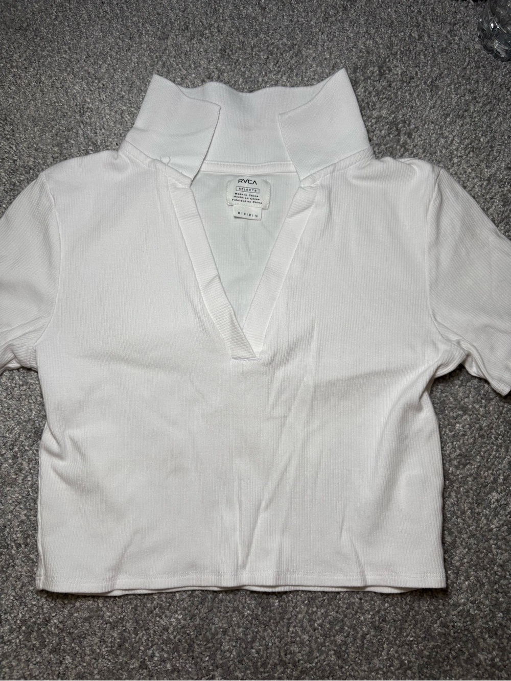 RVCA White Ribbed V-Neck Mock Collar Crop Top